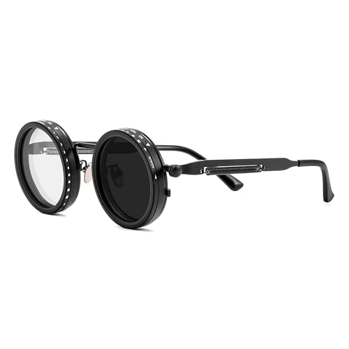 FEISEDY Adjustable Tint Sunglasses Polarized Men 1-9 Gear Manual Dimming Steampunk Round Metal Frame UV400 ND Filter B1400