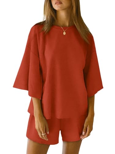 Image of Tankaneo Womens Pajama Sets 3 /4 Sleeve Oversized Tops & Loose Fit Shorts Lounge Set with Pockets Loungewear