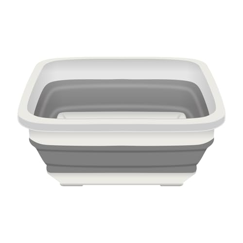 ACUNA Collapsible Washing Up Bowl 9L (Square) - Folding Wash Tub, Portable & Multifunctional Sink Tub, Space Saving Pop Up Storage Bowl Ideal for Kitchen, Bathroom, Camping (White-Grey)