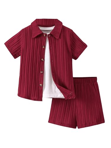 Image of SweatyRocks Boy's 2 Piece Summer Vacation Outfits Short Sleeve Collar Button Down Shirt and Shorts Clothing Set