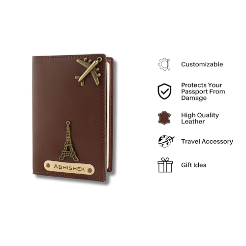 Image of AICA Personalised Name & Charm Leather Passport Cover Holder for Men & Women (Darkbrown) | Gifts for Men