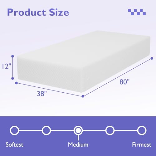 Image of FDW | 12 Inch Twin XL Mattress | Medium Firm | Gel Memory Foam Mattress | White | Bed in a Box, CertiPUR-US Certified | Pressure Relief, Cooling Ventilated Foam | Washable Removable Cover