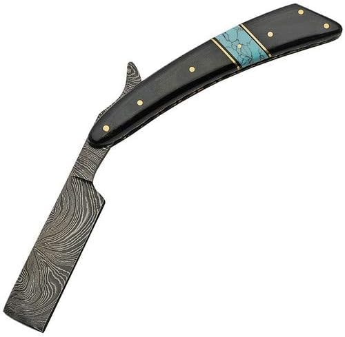 SANZ 6.25" Damascus Straight Razor – Horn & Turquoise Handle Folding Razor with Gold Lining, Handmade Damascus Steel Blade for Shaving, Barber & Collectors