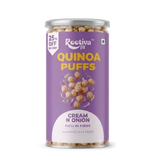 Image of ROOTIVAFIT Quinoa Puffs Cream & Onion Flavour, Roasted Not Fried, Rich in Fibre, Ready-to-Eat Snack, 80 g, Pack of 2