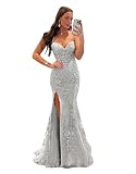 Fanciest Women's V-Neck Lace Mermaid Prom Dresses Long with Slit Spaghetti Straps Formal Dress 2024 Silver Evening Party Gowns US0
