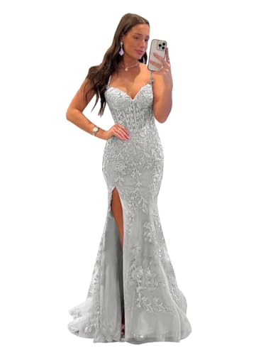 Fanciest Women's V-Neck Lace Mermaid Prom Dresses Long with Slit Spaghetti Straps Formal Dress 2024 Silver Evening Party Gowns US0