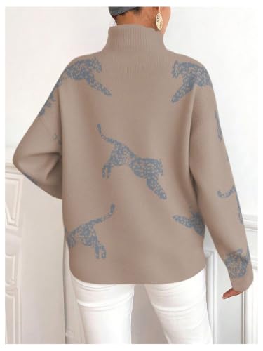 Image of WDIRARA Women's Leopard Tiger Print Sweater High Neck Long Sleeve Fuzzy Knitted Pullover Top