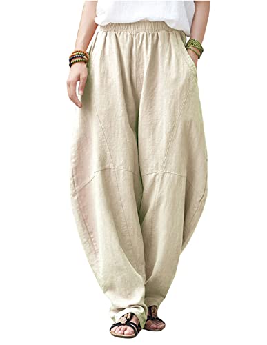 IXIMO Women's Cotton Linen Pants Casual Elastic Waist Lantern Sla...