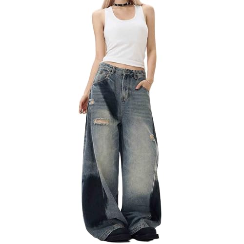 Women's Patchwork Torn Hole Spray Painted Vintage Jeans Y2K Loose Wide Leg Hanging Feeling Long Pants