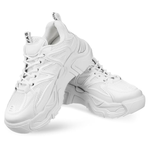 LIGIGWASH Zapatillas Chunky para Mujer con Antideslizante Cordones Ajustables Gruesa Cómoda y Material PU Resistente Zapatillas Deportivas Versátiles para Diario y Exterior Color Blanco