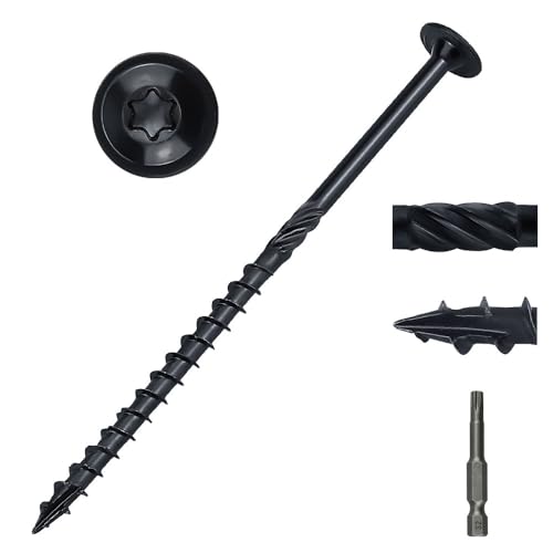 #14 x 6 Heavy-Duty Modified Truss Head Structural Deck & Lag Screws - Epoxy-Coated Black, Rust Resistant - Torx T30 Star Drive (Includes Bit) - for Outdoor Timber, Log, Landscaping Wood, 20-Pack