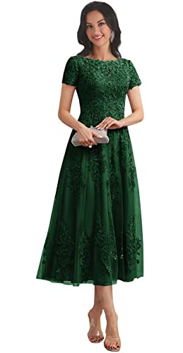 Women's Lace Applique Mother of The Bride Dresses for Wedding with Sleeves Tea Length Tulle Formal Gown