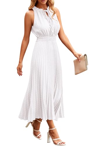 Image of PRETTYGARDEN Women's Midi Summer Dresses Casual V Neck Swiss Dot Ruffle Sleeveless A Line Beach Sun Dress