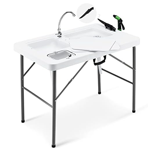 Avocahom 32.5" Folding Fish Cleaning Table Portable Camping Sink Table w/Dual Water Basins, Faucet Drainage Hose & Sprayer Outdoor Fish Fillet Cleaning Station w/Knife