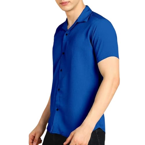 Image of COMBRAIDED Men's Solid Cotton Blend Half Sleeve Shirt - Regular Fit Casual Button-Down Shirt for Office & Travel - Summer & Spring