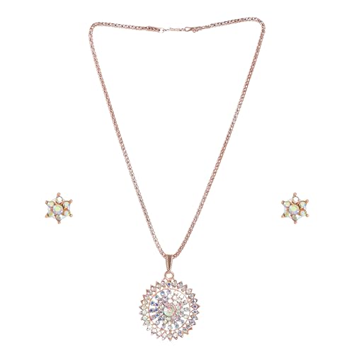 Image of Rose Gold Pendant Necklace Set with Stud Earrings, Aurora Borealis Crystal, Floral Mandala Design