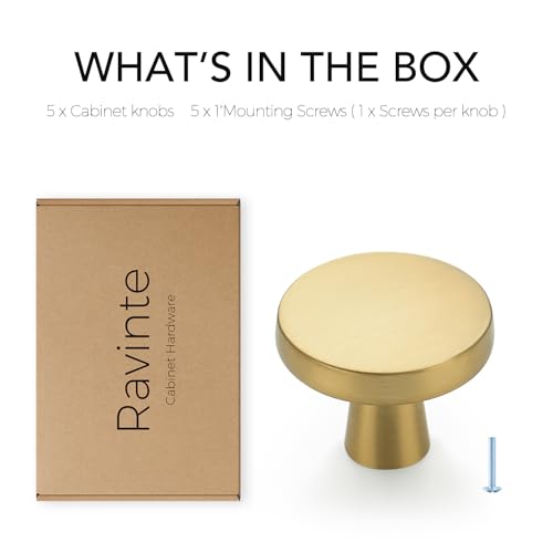 Image of Ravinte 10 Pack Solid Single Hole Kitchen Round Cabinet Knobs Brushed Brass Pulls Drawer Knobs Kitchen Cabinet Hardware Handles
