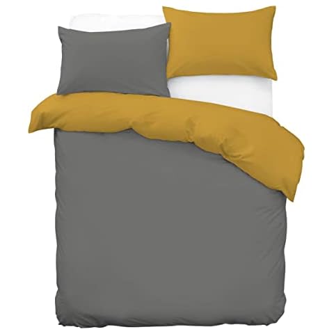 Pavla-Outlet Duvet Cover Set - Ultra Soft | Poly-Cotton Plain Bedding Set, Modern Reversible Grey & Mustard / Quilt with FREE Pillowcase Easy Care Breathable Bed (Double, Mustard) Cover