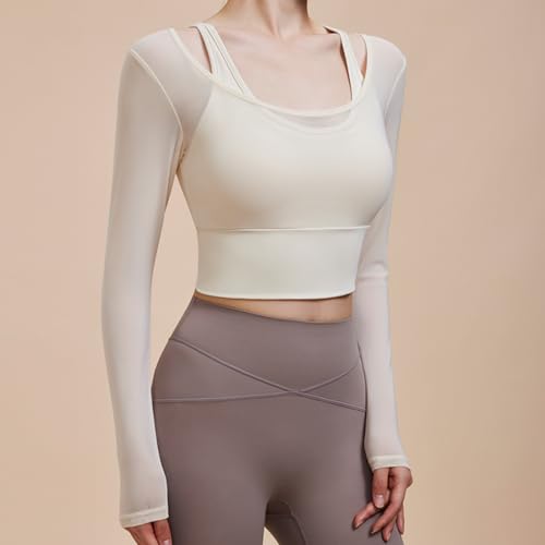 Harssidanzar Women's 2 in 1 Yoga Long Sleeve Mesh Gym Athletic Tops Workout Shirts with Medium Support Sports Bra CL301US2