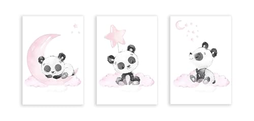 Tableau panda rose lune deco pépinière pour éveiller les nuits de bébé