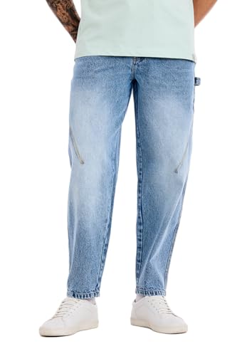 Image of SNITCH Men Jeans Streetwear | Balloon Fit Mid Rise & Acid Wash Design | 100% Cotton Breathable Fabric & Wide Leg Style for Urban Explorer & Casual Everyday Outings