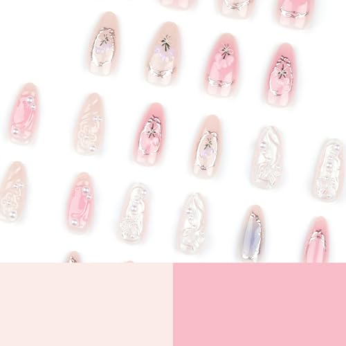 Image of Flower Press on Nails White Fake Nails Medium Almond False Nail with 3D Pearl Butterfly Design Pink Ombre Glue on Nails Artificial Acrylic Nail Gild Line Stick on Nail for Women Manicure 24Pcs