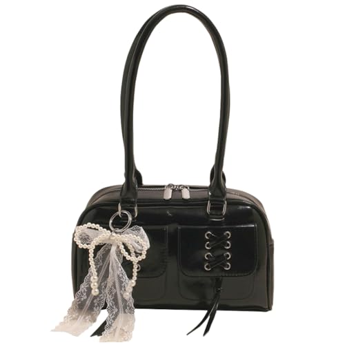 [ハルジオ] 横長バッグ ミニボストンバッグ レディース ミニ ボストン トート バック トートバッグ ハンドバッグ 小さめ 横長 肩掛け 横長ボストン 幅広 韓国 トレンド リボン レザー調 かばん 鞄 おしゃれ かわいい 人気 (ブラック)のサムネイル