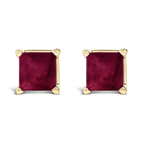 14K Yellow Gold 5x5MM Princess Cut Red Ruby Solitaire Stud Earrings