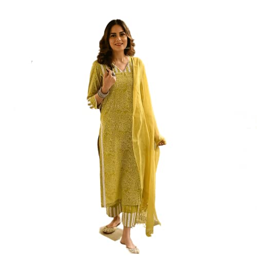 Image of Royal Export Women's Floral Printed Straight Kurta Pant Dupatta Set | Ethnic Kurta Set for Women | Cotton Blend 3 /4 Sleeve Regular Fit | Mustard