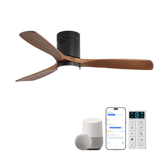 Sofucor 52 Inch Smart Ceiling Fans with Lights-Flush Mount Low Profile Modern Outdoor Solid Wood Ceiling Fans with Alexa/Google Assistant/APP/Remote Control for Bedroom/Farmhouse/Patio, Brown Black