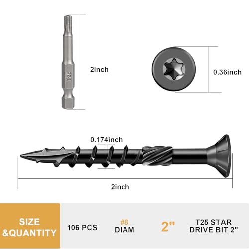 Image of Deck Screws 2 Inch, Wood Screws #8x2 inch, 106 Pcs Black | Rust Resistant Epoxy Coated, Outdoor Wood Screws, Torx Screws Exterior Fence Screws, T25 Star Bit Included 1 lbs