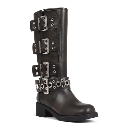 Image of AMINUGAL Knee High Boots Women Square Toe Pull On Wide Calf Riding Fashion Buckles Chunky Metallic Casual Vintage Buckle Rivet