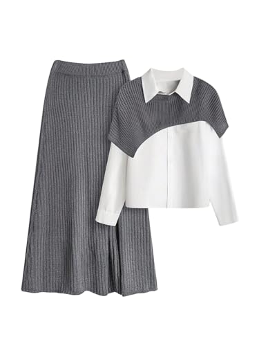 Verdusa Women's 2 Piece Sweater Set Poncho Sweater Top and Knit Skirt Without Blouse Winter Outfits...