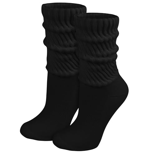 Winterlace 90% Cotton Crew Slouch Socks 2-Pairs Scrunchy Ribbed Soft Retro Womens Boot Calf Sock