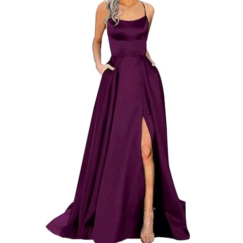 Women Satin Formal Evening Gown Pleated Dress Sleeveless U Neck Corset Backless Long Wedding Dress Purple XX-Large