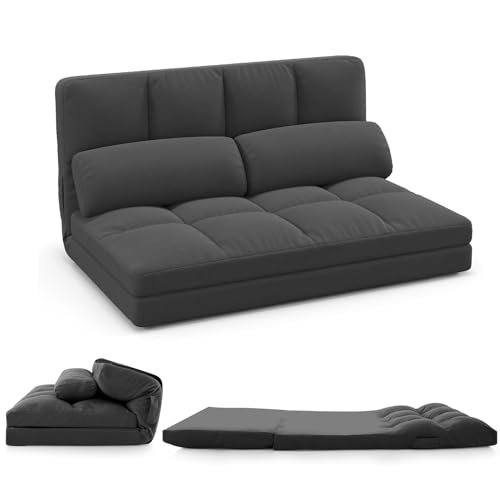 GOPLUS Sofá Cama de Suelo, Sofá Convertible 3 en 1 con Respaldo Ajustable en 6 Posiciones y 2 Almohadas, Cama Plegable para Salón, Dormitorio, Habitación de Invitados (Gris Oscuro)