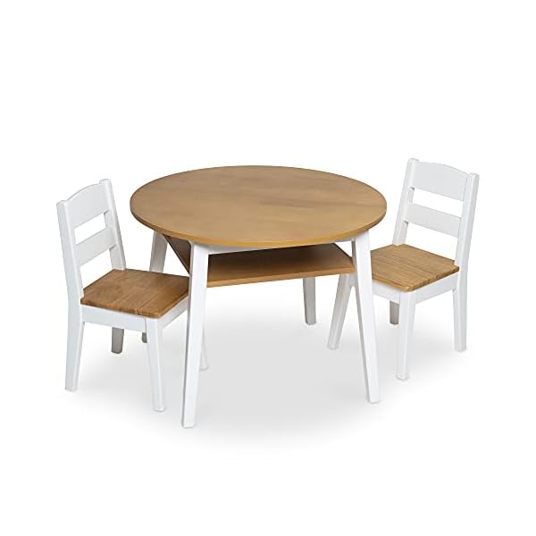 Melissa & Doug Wooden Round Table and 2 Chairs Set – Kids Furniture for Playroom, Light Woodgrain and White 2-Tone Finish
