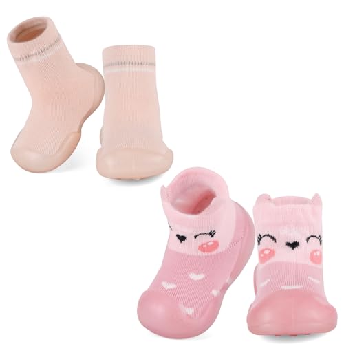 MK MATT KEELY Pack de 2 Zapatos Bebé Primeros Pasos Calcetines con Suela de Goma Niño Niña Zapatillas Antideslizantes Bebé,Rosa+Zorro,6-12 Meses