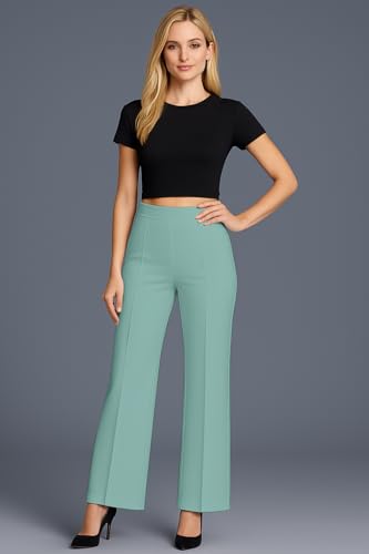 Image of SWADESI STUFF Women's High Waisted Bell Bottom Pants | Retro Wide Leg Trousers | Stretchy Flared Palazzo Pants for Office, Casual Wear & Party