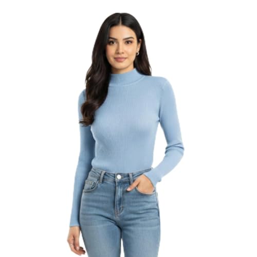 Image of Women Ribbed High Neck Full Sleeve Pullover Sweater|Solid Stretchable Slim Fit Winter Wear Top for Casual & Office Use