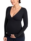 MOMANDA Maternity Nursing Tops Long Sleeve for Breastfeeding Crossover Pregnancy Nursing Shirts Soft Casual Tee Black Large