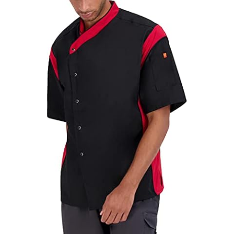 Happy Chef Men's Element Short Sleeve Sport Lightweight Chef Coat, Black & Red, Medium Cover