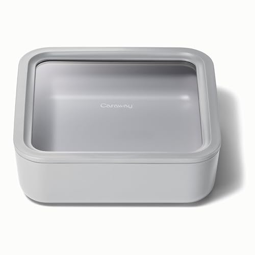 Caraway Glass Food Storage, 10 Cup Glass Container - Ceramic Coated Food Container - Non Toxic, Non Stick Lunch Box Container with Glass Lids. Dishwasher, Oven, & Microwave Safe - Square Shape - Gray