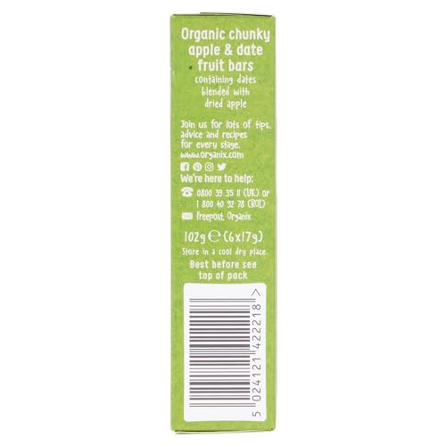 Organix Apple & Date Organic Chunky Fruit Toddler Snack Bars 12+ Months Multipack 6 x 17g (Pack of 6)