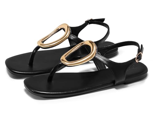Image of Coutgo Womens Flat Sandals Comfortable Flip Flops Slide Sandals Summer Beach Shoes with Metal Decoration