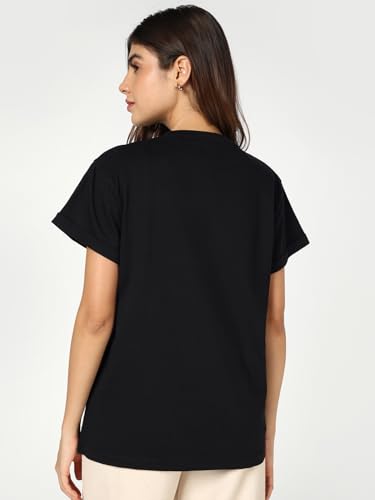 Image of Bewakoof Women's Typography Boyfriend Fit Half Sleeve Round Neck Cotton T-Shirt 646748 Black 3XL