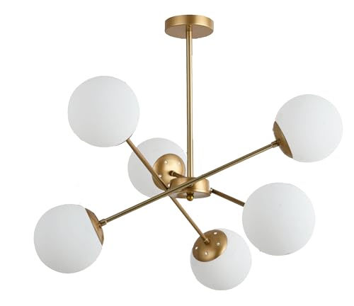 TEKLED Gold Sputnik Metal Opal Globe Glass Modern Ceiling Light E27 Fittings - 6 Lamp