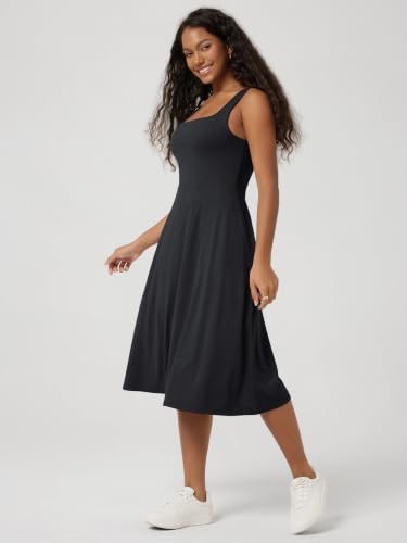 Image of ODODOS Square Neck Midi Dress with Pockets for Women Summer Casual Sleeveless Sundress Flare Tank Dress