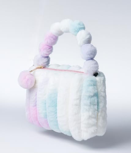 Image of Cute Plush Fur Sling Bag with Chain Strap, Soft Multicolour Faux Fur, Single Zipper Pocket, Pom-Pom Handle Mini Crossbody Purse For Kids And Girls