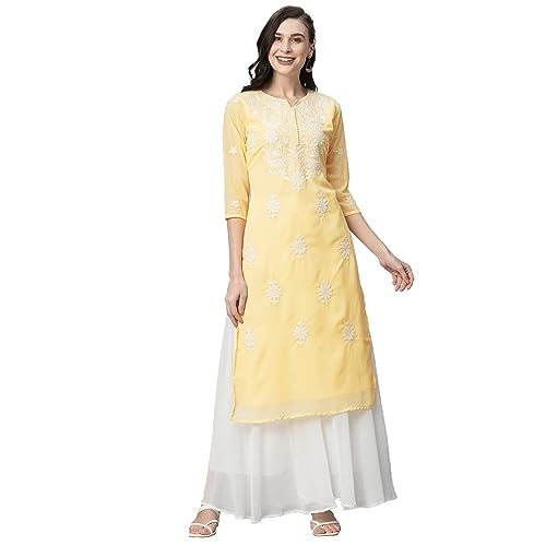 Image of RATAN Georgette Straight Lucknowi Chikankari Ethinic Wear Kurta for Women